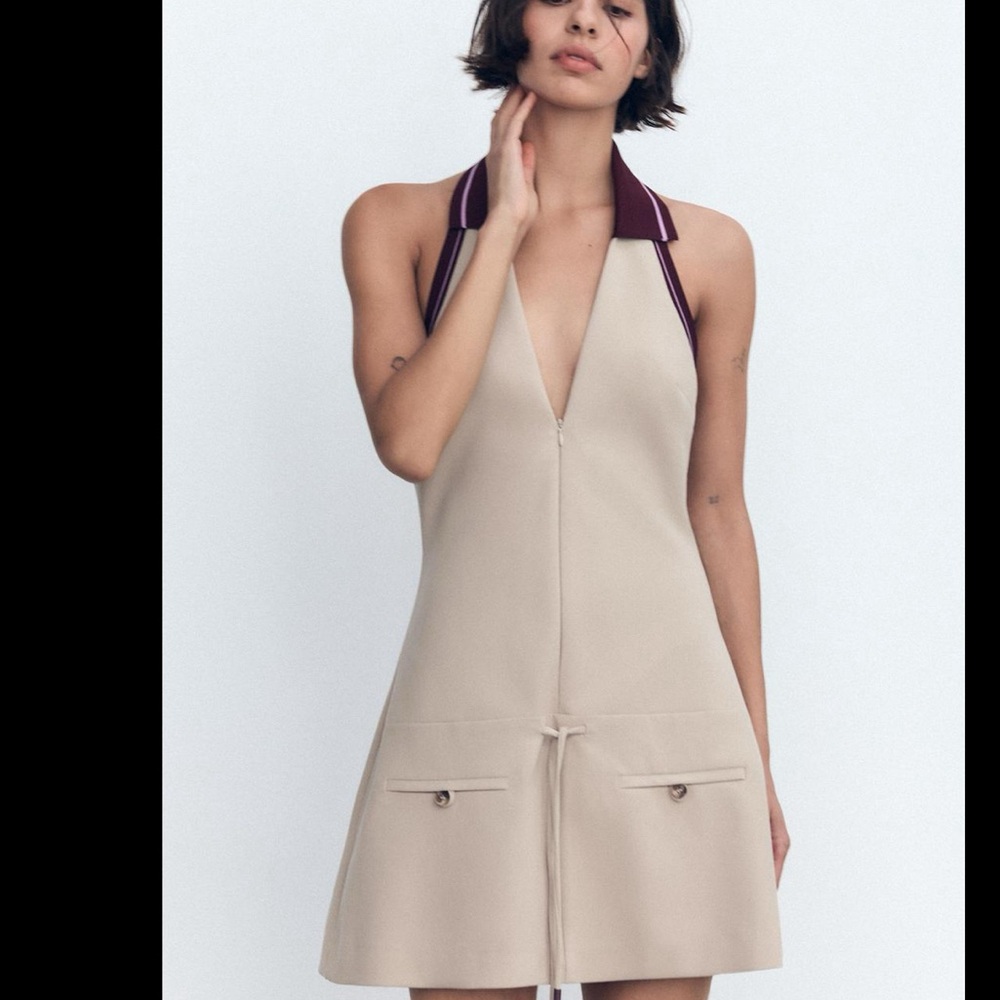 STRIPED COMBINATION RIB HALTER DRESS
